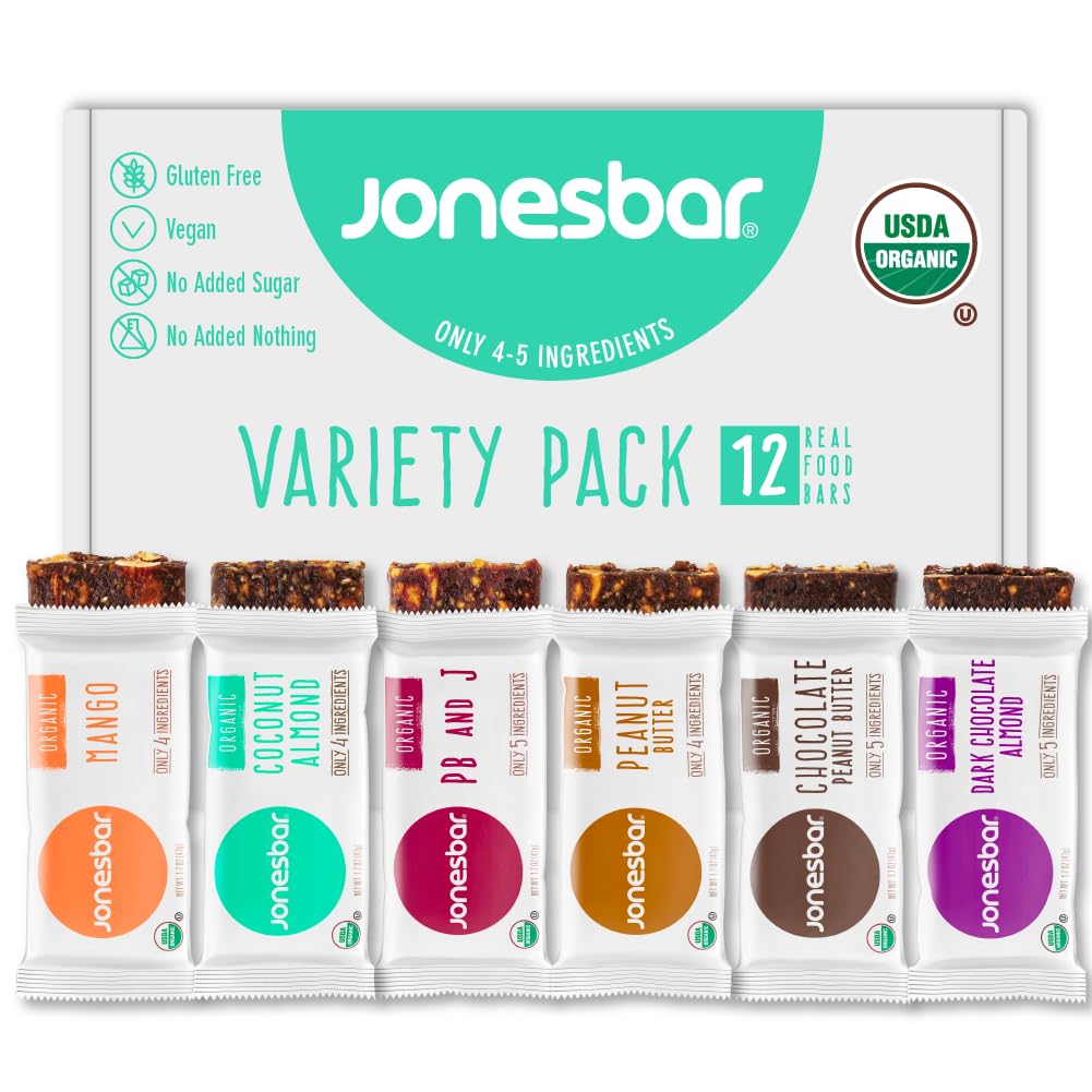 JONESBAR Organic Plant Based Protein Bars | 6 Flavor Variety Pack | Fruit & Nut Bar, Kosher, Gluten Free, Breakfast Bars, School Snacks, Vegan Snack & Healthy Snacks for Adults and Kids (12 Bars) JONESBAR Organic Plant Based Protein Bars | 6 Flavor Variety Pack | Fruit & Nut Bar, Kosher, Gluten Free, Breakfast Bars, School Snacks, Vegan Snack & Healthy Snacks for Adults and Kids (12 Bars)