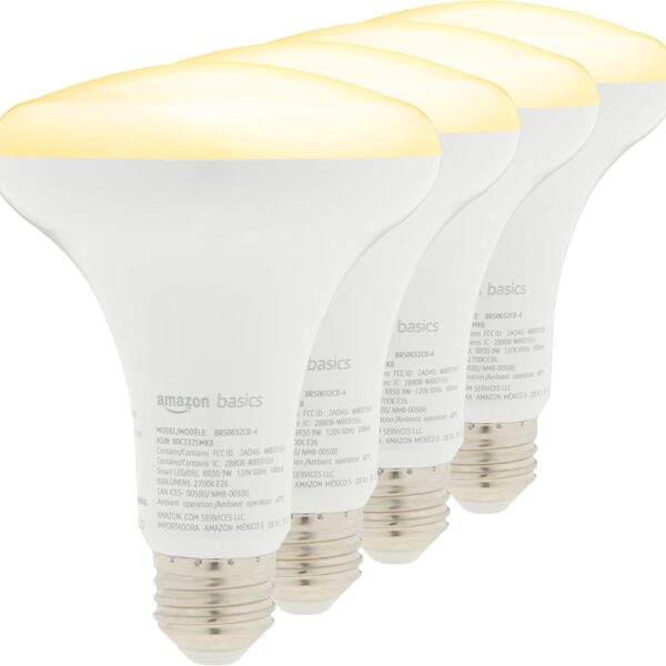 Amazon Basics Smart BR30 LED Light Bulbs for Bedroom Living Room, Dimmable Soft White (2700K), 9W (60W Equivalent), 800LM, Voice Control, Works with Alexa Only, 2.4 GHz Wi-Fi, No Hub Required, 4-Pack