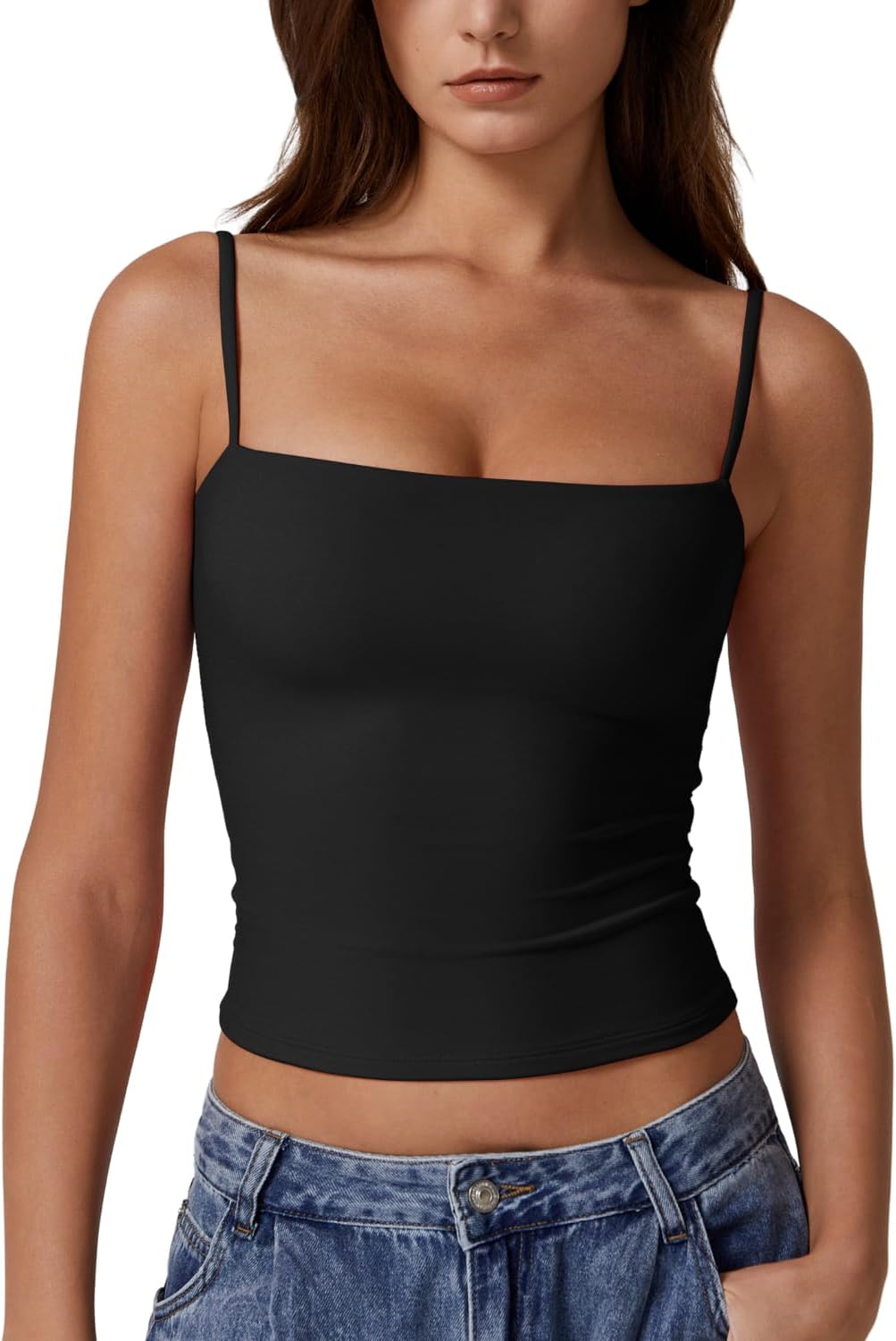 QINSEN Women's Double Lined Basic Tank Top Adjustable Spaghetti Straps Sleeveless Camisole Shirts QINSEN Women's Double Lined Basic Tank Top Adjustable Spaghetti Straps Sleeveless Camisole Shirts