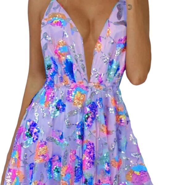 Women's Sequin Dress Sexy Sparkly Floral Summer Backless Deep V Low-Cut Shiny Strap Mini Dress for Party Cocktail Clubwear