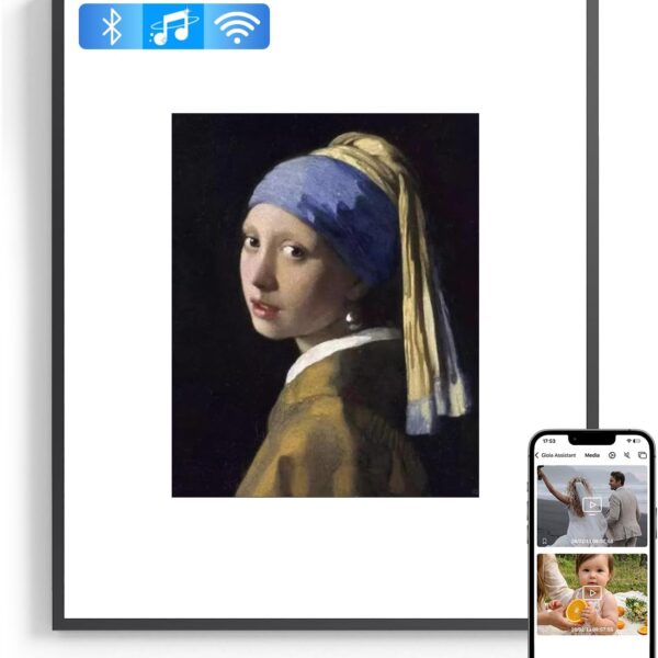 19" Smart Digital Art Frame with Bluetooth Speaker, AI Lyrics Display, 10,000+ Artworks, Photo & Video Playback, Wall-Mounted Digital Picture Frame for Home, Office & Caf