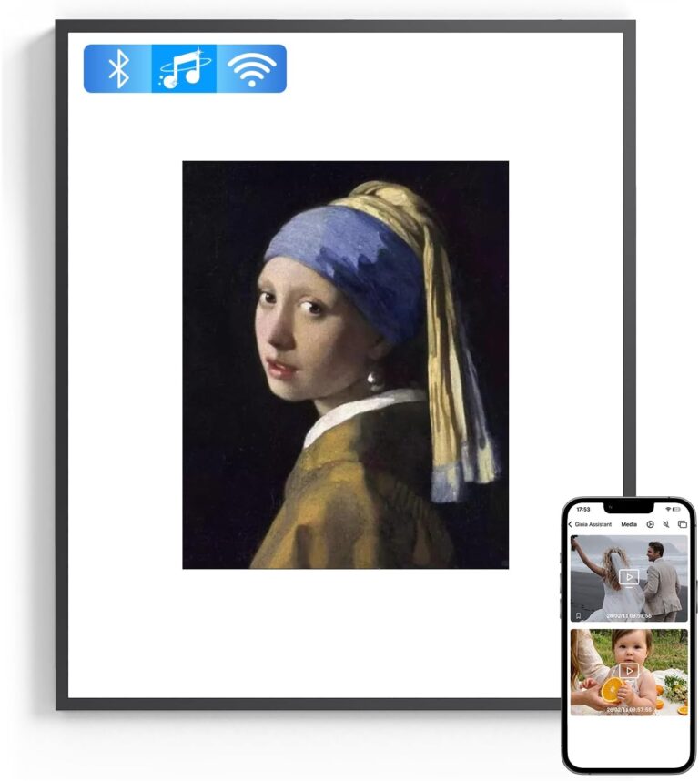 19" Smart Digital Art Frame with Bluetooth Speaker, AI Lyrics Display, 10,000+ Artworks, Photo & Video Playback, Wall-Mounted Digital Picture Frame for Home, Office & Caf