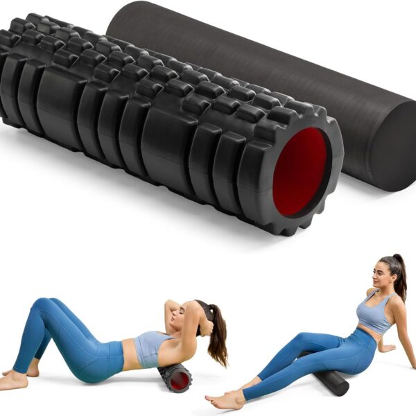Krightlink 5-in-1 Foam Roller Set, Massage Roller Stick, Massage Ball, Resistance Band for Deep Muscle Massage, Trigger Point Release, Pilates, Yoga (Black-18(2 in 1))