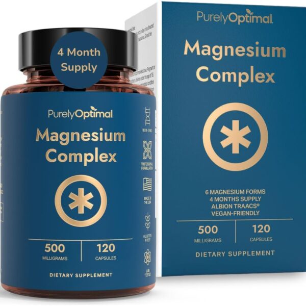 Purely Optimal Magnesium Complex - 6 Forms Magnesium Glycinate, Citrate & Malate - Sleep Support, Stress Relief, Muscles, Heart Health & Relaxation - Magnesium Supplement for Women & Men, 120 Caps