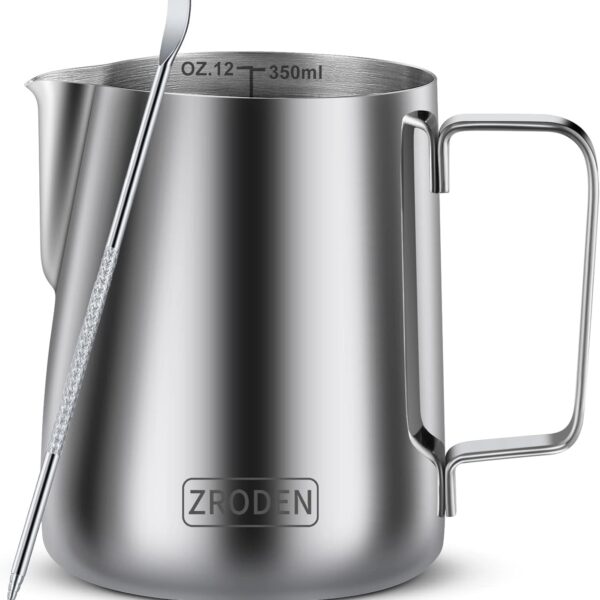Milk Frothing Pitcher, 12oz 20oz 32oz Espresso Steaming Pitchers Stainless Steel Cappuccino Coffee Machine Accessories Barista Tools Steamer Froth Pitchers Milk Jug Cup with Decorating Pen Latte Art