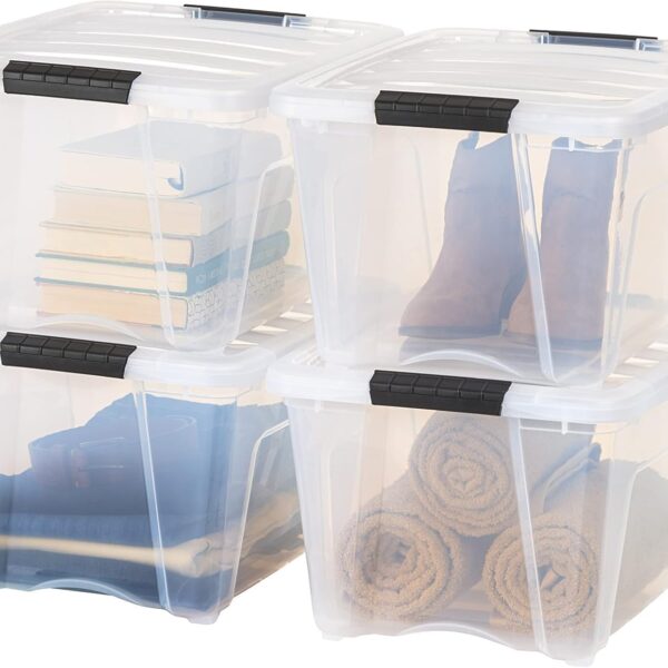 IRIS USA 32 Qt Stackable Plastic Storage Bins with Lids, 4 Pack - BPA-Free, Made in USA - See-Through Organizing Solution, Latches, Durable Nestable Containers, Secure Pull Handle - Clear