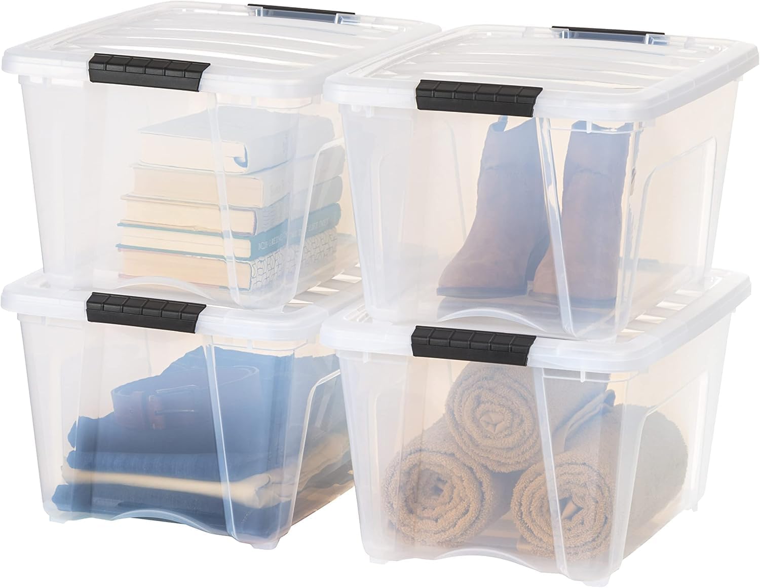 IRIS USA 32 Qt Stackable Plastic Storage Bins with Lids, 4 Pack - BPA-Free, Made in USA - See-Through Organizing Solution, Latches, Durable Nestable Containers, Secure Pull Handle - Clear IRIS USA 32 Qt Stackable Plastic Storage Bins with Lids, 4 Pack - BPA-Free, Made in USA - See-Through Organizing Solution, Latches, Durable Nestable Containers, Secure Pull Handle - Clear