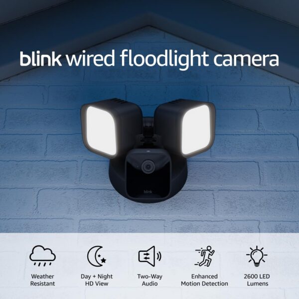 Blink Wired Floodlight Camera - Smart security camera, 2600 lumens, HD live view, enhanced motion detection, built-in siren, Works with Alexa 1 camera (Black)