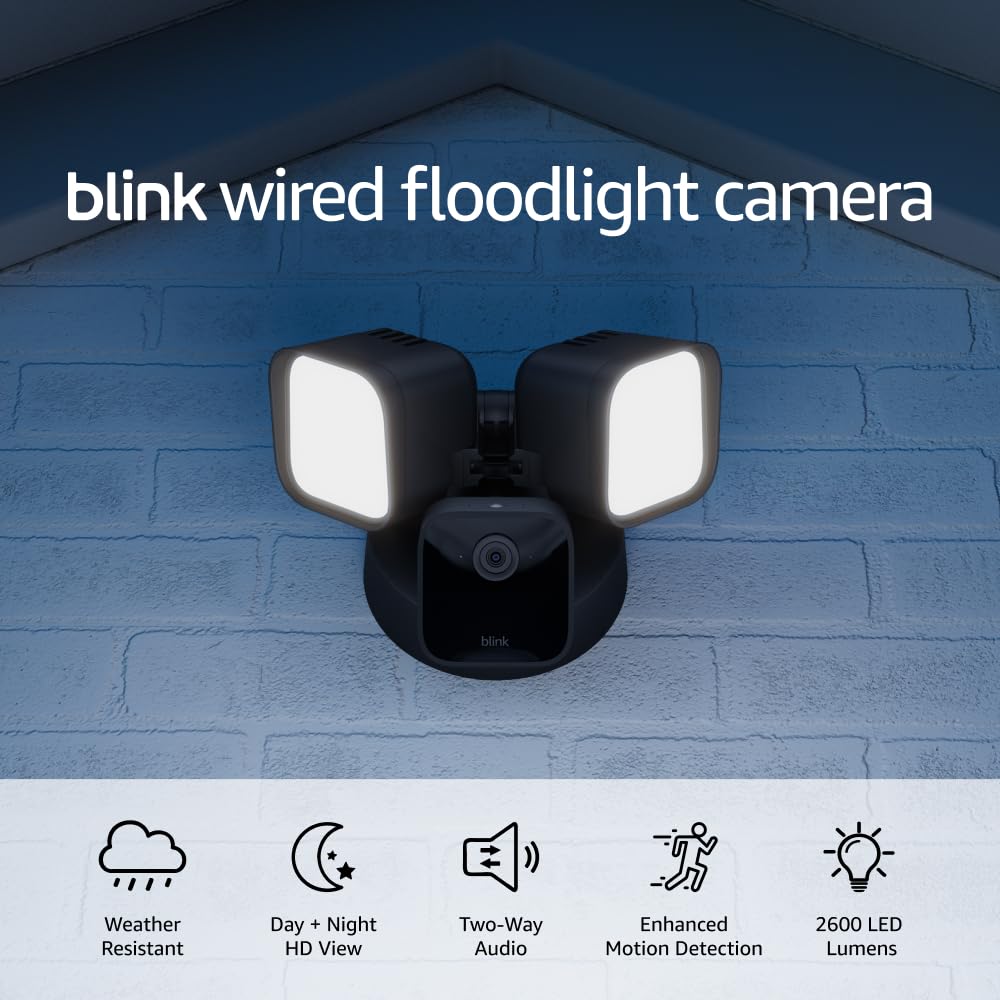 Blink Wired Floodlight Camera - Smart security camera, 2600 lumens, HD live view, enhanced motion detection, built-in siren, Works with Alexa 1 camera (Black) Blink Wired Floodlight Camera - Smart security camera, 2600 lumens, HD live view, enhanced motion detection, built-in siren, Works with Alexa 1 camera (Black)