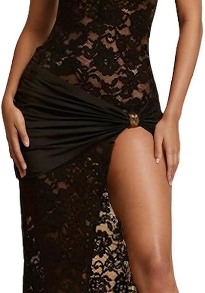 OCUH Black Lace Dress Sheer Maxi Dresses Sexy Outfit for Women Going Out High Slit Skirt Bodycon Vacation Party Wear