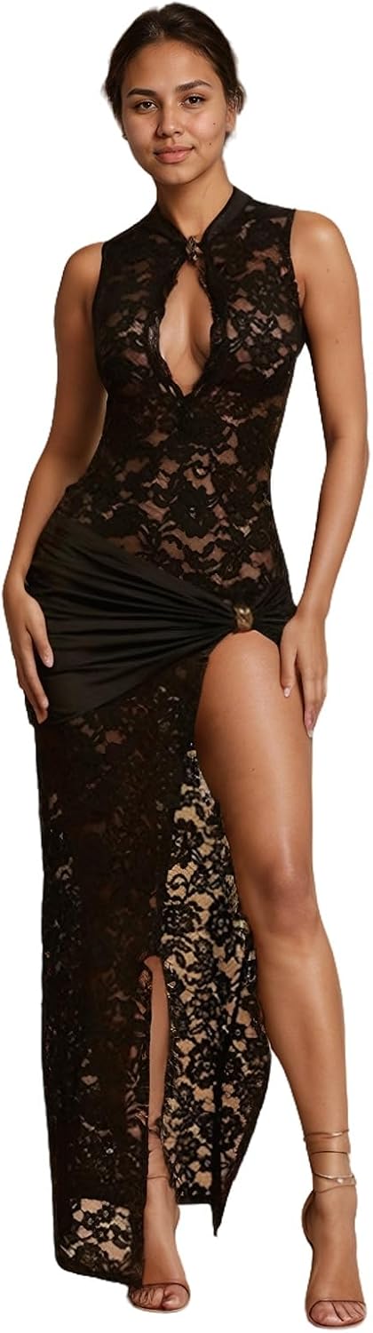 OCUH Black Lace Dress Sheer Maxi Dresses Sexy Outfit for Women Going Out High Slit Skirt Bodycon Vacation Party Wear OCUH Black Lace Dress Sheer Maxi Dresses Sexy Outfit for Women Going Out High Slit Skirt Bodycon Vacation Party Wear