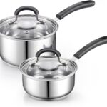 Cook N Home Professional 1 Quart and 2 Quart Stainless Steel Saucepan Set with Lids, Small Kitchen Induction Cooking Sauce Pot Pan, Stay-Cool Silicone Handle, Dishwasher Safe