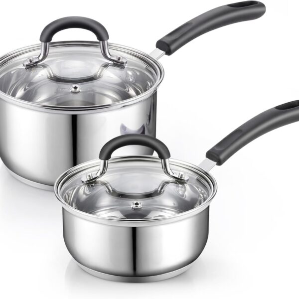 Cook N Home Professional 1 Quart and 2 Quart Stainless Steel Saucepan Set with Lids, Small Kitchen Induction Cooking Sauce Pot Pan, Stay-Cool Silicone Handle, Dishwasher Safe