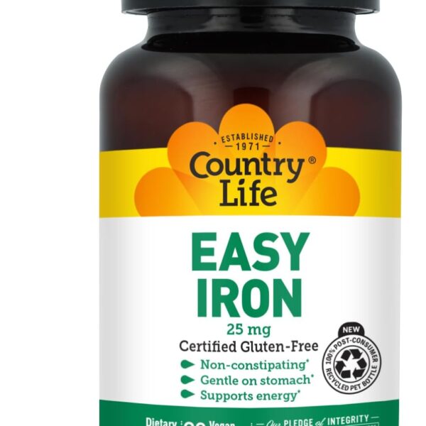Country Life Easy Iron 25 mg | Gentle, Non-Constipating Iron Supplement | Supports Energy & Red Blood Cell Production | Certified Gluten-Free & Vegan | 90 Vegan Capsules