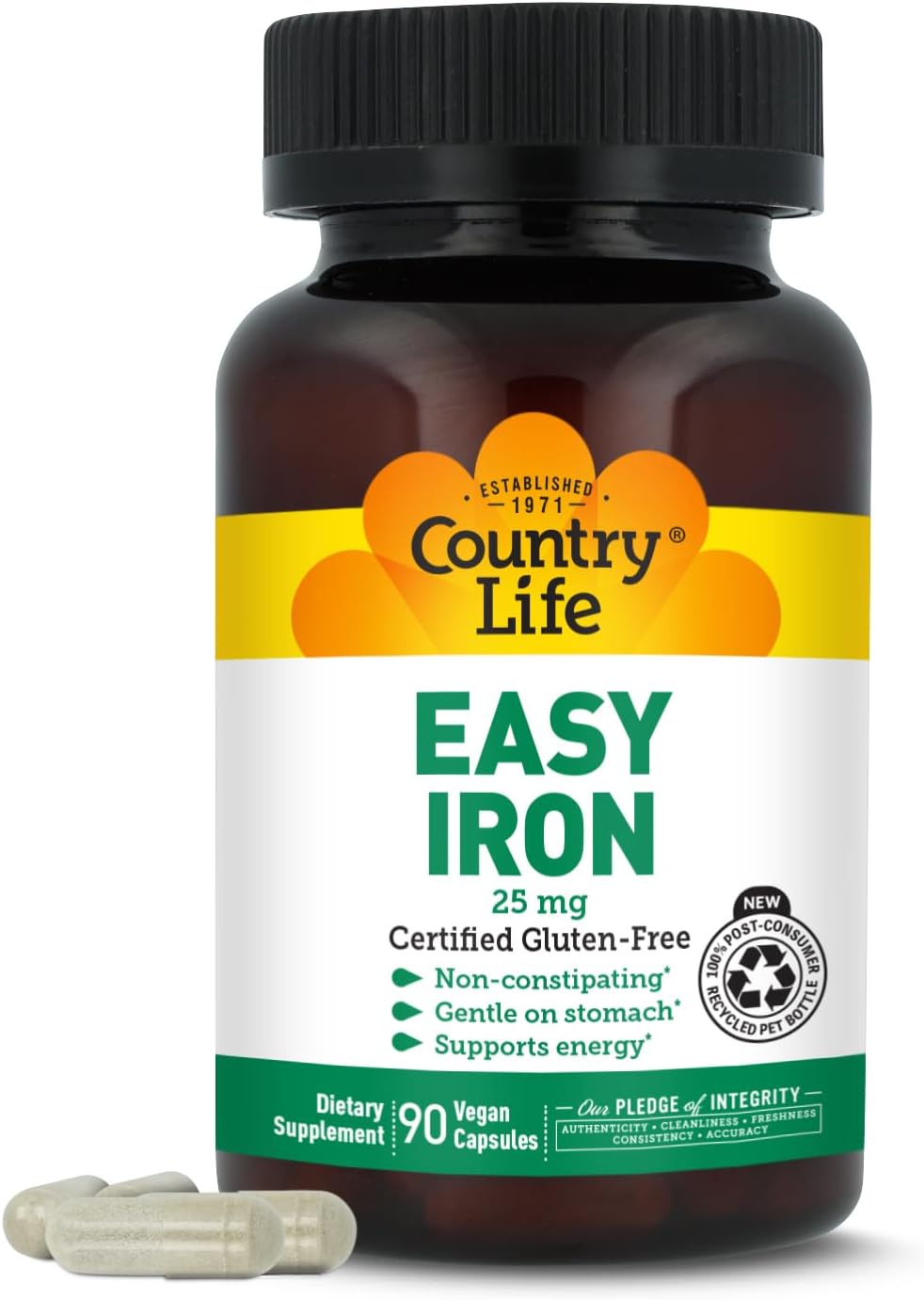 Country Life Easy Iron 25 mg | Gentle, Non-Constipating Iron Supplement | Supports Energy & Red Blood Cell Production | Certified Gluten-Free & Vegan | 90 Vegan Capsules Country Life Easy Iron 25 mg | Gentle, Non-Constipating Iron Supplement | Supports Energy & Red Blood Cell Production | Certified Gluten-Free & Vegan | 90 Vegan Capsules