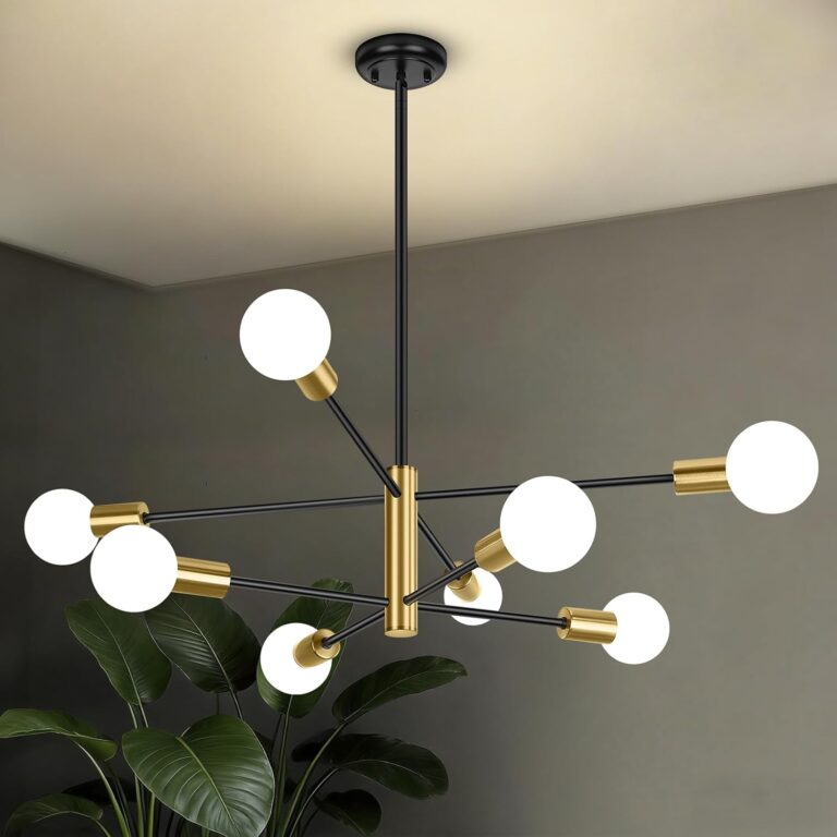 BesLowe 31 8-Light Modern Sputnik Chandelier, Mid Century Black & Gold Chandeliers Lighting, Farmhouse Ceiling Hanging Light Fixture for Dining Room Bedroom Room Kitchen Foyer, Height Adjustable