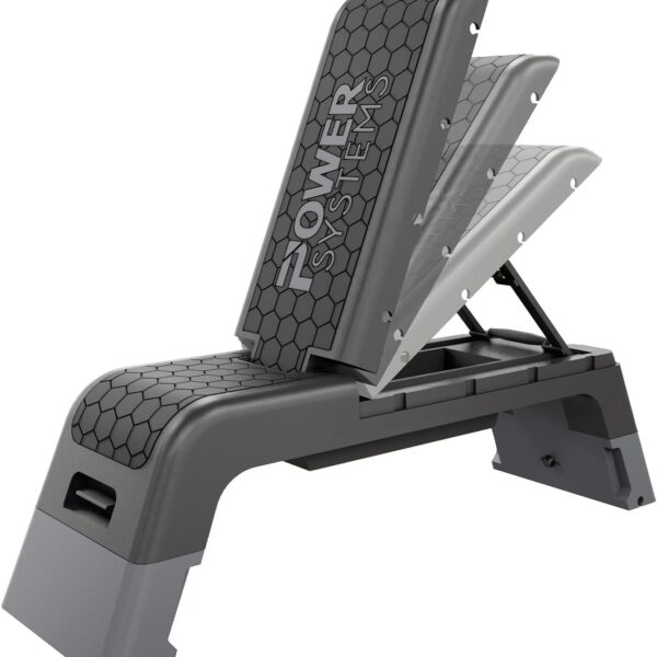 Power Systems Step Bench & Weight Bench | Aerobic Platform & Plyo Box for Cardio, Strength | Commercial Grade Full Body Home Gym Stepper | Adjustable Multifunctional Deck & Resistance Band Clips