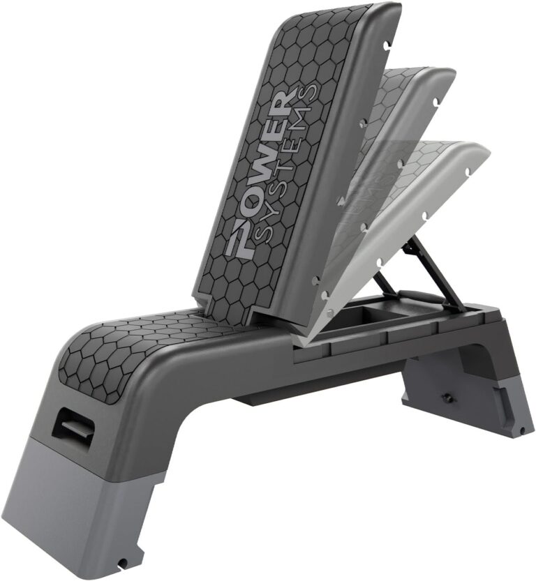 Power Systems Step Bench & Weight Bench | Aerobic Platform & Plyo Box for Cardio, Strength | Commercial Grade Full Body Home Gym Stepper | Adjustable Multifunctional Deck & Resistance Band Clips