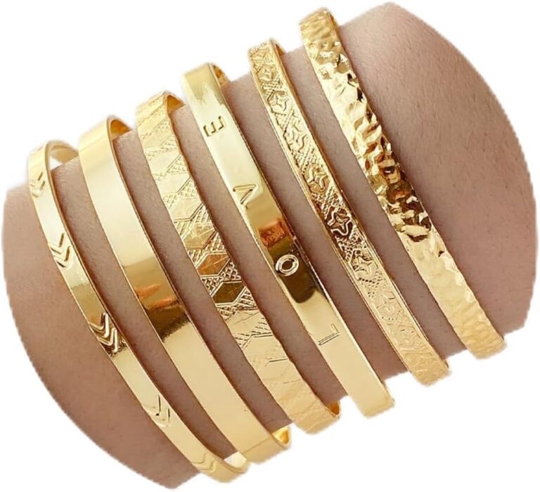IFKM Gold Bangle Bracelets For Women, 14k Gold Plated Multi Layer Stackable Cuff Bracelet Set, Trendy Elegance Charms Non Tarnish Minimalist Textured Boho Jewelry Gift for Women
