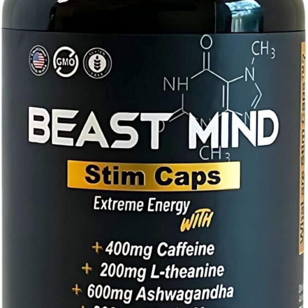 Beast Mind Extreme Energy Pills | 400mg Caffeine | 600mg Ashwagandha | 200mg Lions Mane | Increased Energy & Focus & Mood | Pre-Workout Supplement