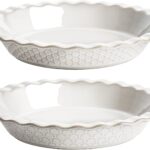 LE TAUCI Pie Pans for Baking 9 Inch, Ceramic Pie Plate for Apple Pie, Round Baking Dish Oven Safe, Embossment Housewarming Wedding Present - 36 OZ, Set of 2, Fireworks + Honey Comb, Arctic White