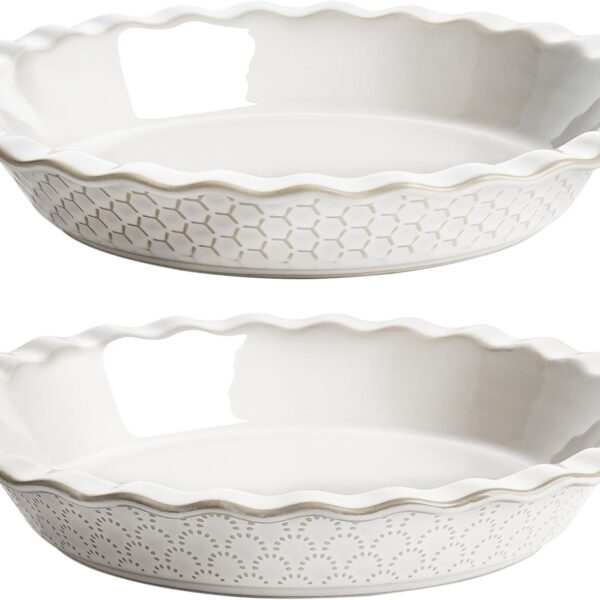 LE TAUCI Pie Pans for Baking 9 Inch, Ceramic Pie Plate for Apple Pie, Round Baking Dish Oven Safe, Embossment Housewarming Wedding Present - 36 OZ, Set of 2, Fireworks + Honey Comb, Arctic White