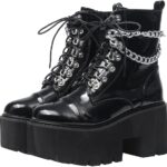 CYNLLIO Platform Boots for Women Combat Ankle Boots Rave Goth Chunky Wedge Heel Booties Punk Chain Lace Up & Zipper Shoes for Festival Concert Cosplay Party