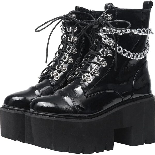 CYNLLIO Platform Boots for Women Combat Ankle Boots Rave Goth Chunky Wedge Heel Booties Punk Chain Lace Up & Zipper Shoes for Festival Concert Cosplay Party