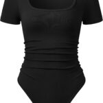 OQQ Women Bodysuits Ruched Short Sleeve Square Neck Stretch Lounge Travel Bodysuits