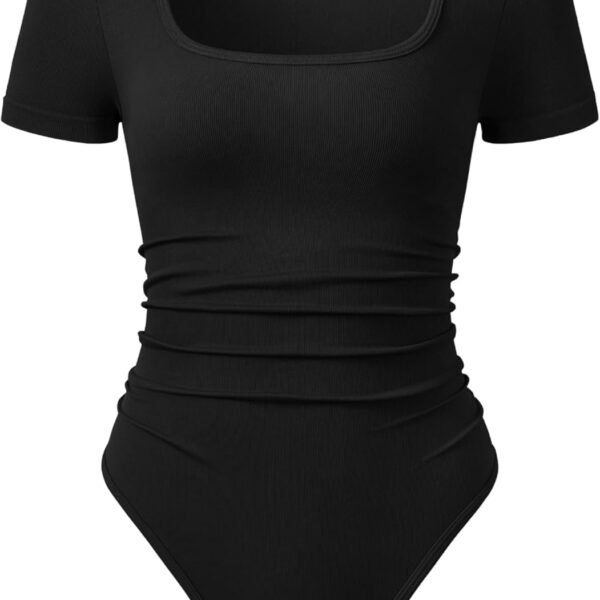 OQQ Women Bodysuits Ruched Short Sleeve Square Neck Stretch Lounge Travel Bodysuits