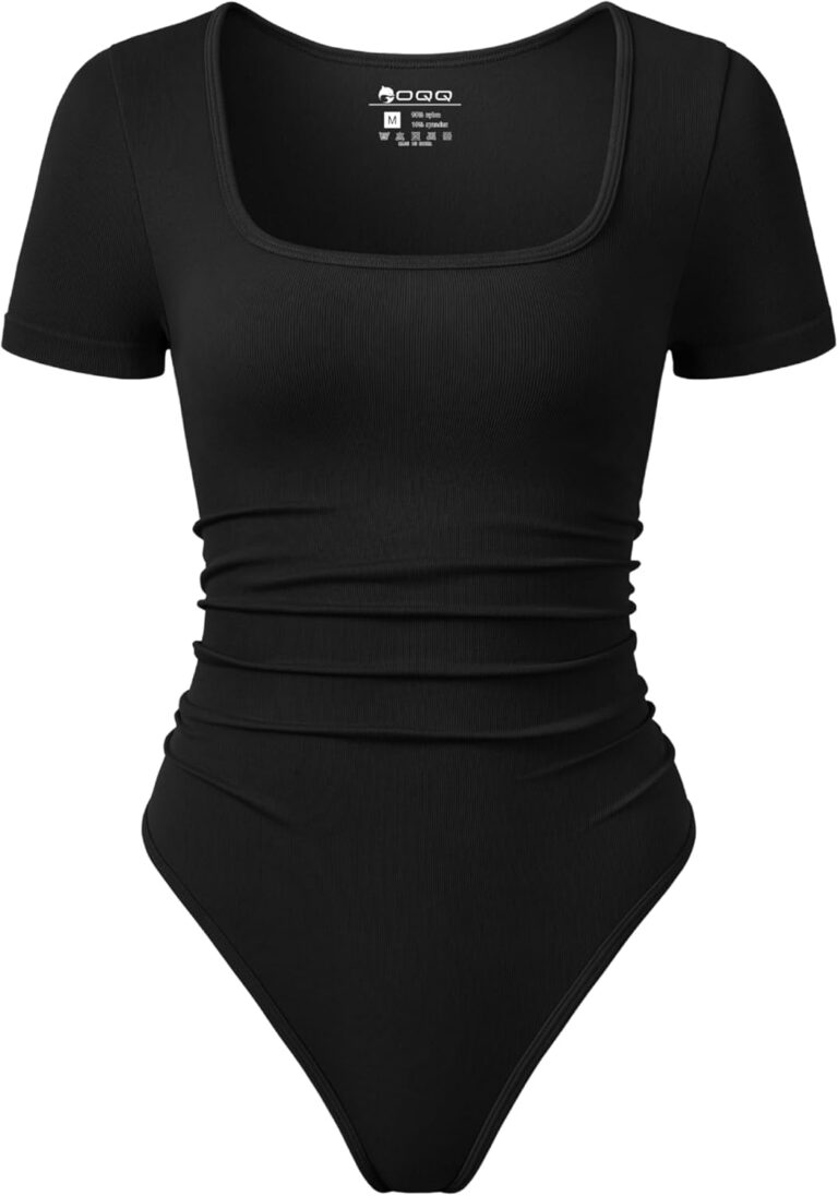 OQQ Women Bodysuits Ruched Short Sleeve Square Neck Stretch Lounge Travel Bodysuits