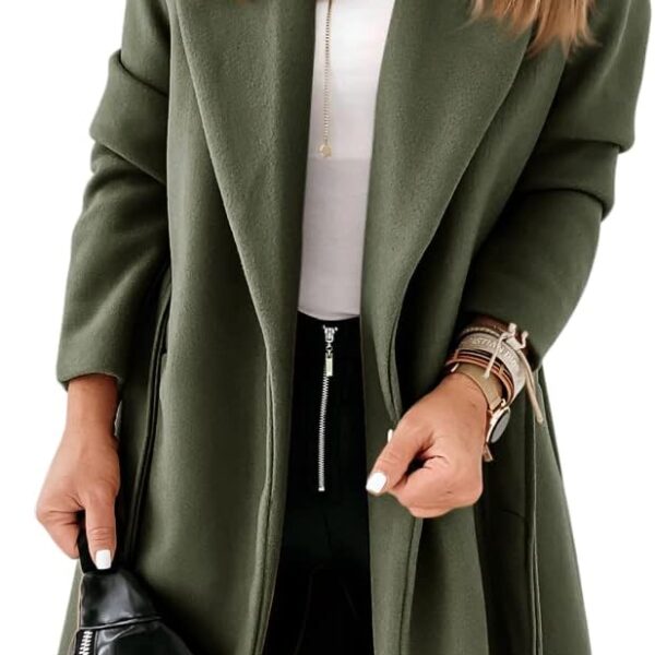 Womens Classic Coat Lapel Collar Open Front Belted Long Jacket