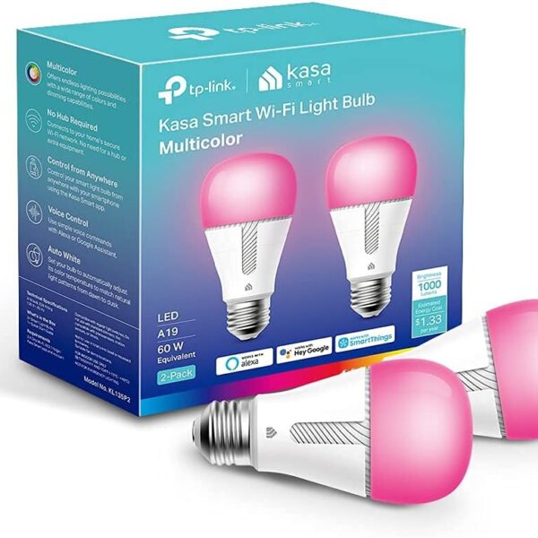 Kasa Smart Bulb, 1000 Lumens Full Color Changing Dimmable Smart WiFi Light Bulb Compatible with Alexa and Google Home, 11W, A19, 2.4Ghz only, No Hub Required (KL135P2), 2-Pack,White