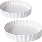 DELLING 9.5 Inch Ceramic Tart Pan Set of 2 - Porcelain Quiche Baking Dish with Fluted Edge, Round Pie Pan for Chicken Pot Pie, Cheesecake, Creme Brulee - White Oven Safe Bakeware