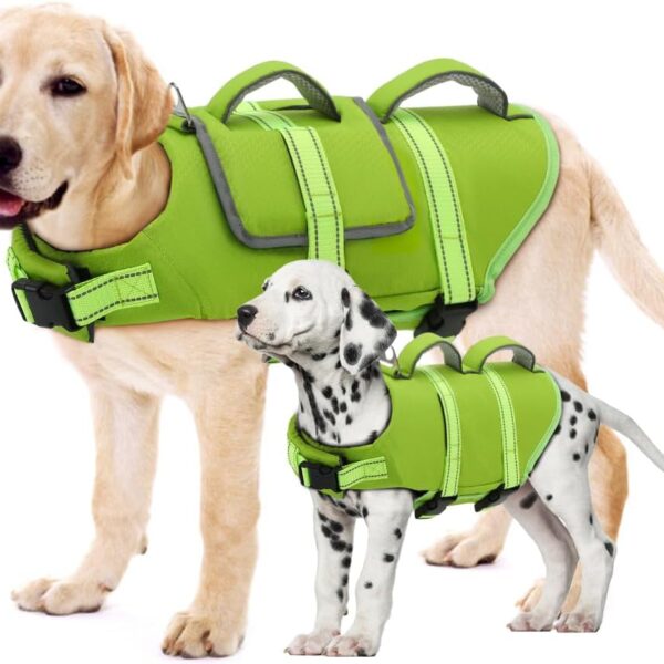 EMUST Dog Life Vest for Boating, Ripstop Large Dog Safety Vest with Reflective Stripes, Adjustable Life Jacket for Pets for Swimming with Superior Buoyancy, Green, L
