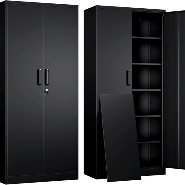 Yizosh Metal Garage Storage Cabinet with 2 Doors and 5 Adjustable Shelves - 71" Steel Lockable File Cabinet,Locking Tool Cabinets for Office,Home,Garage,Gym,School (Black)