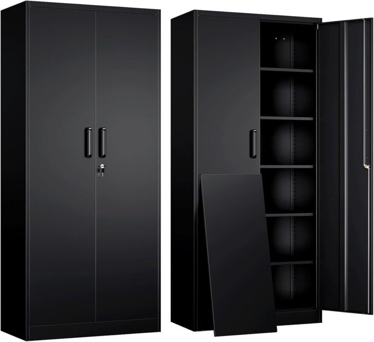 Yizosh Metal Garage Storage Cabinet with 2 Doors and 5 Adjustable Shelves - 71" Steel Lockable File Cabinet,Locking Tool Cabinets for Office,Home,Garage,Gym,School (Black)