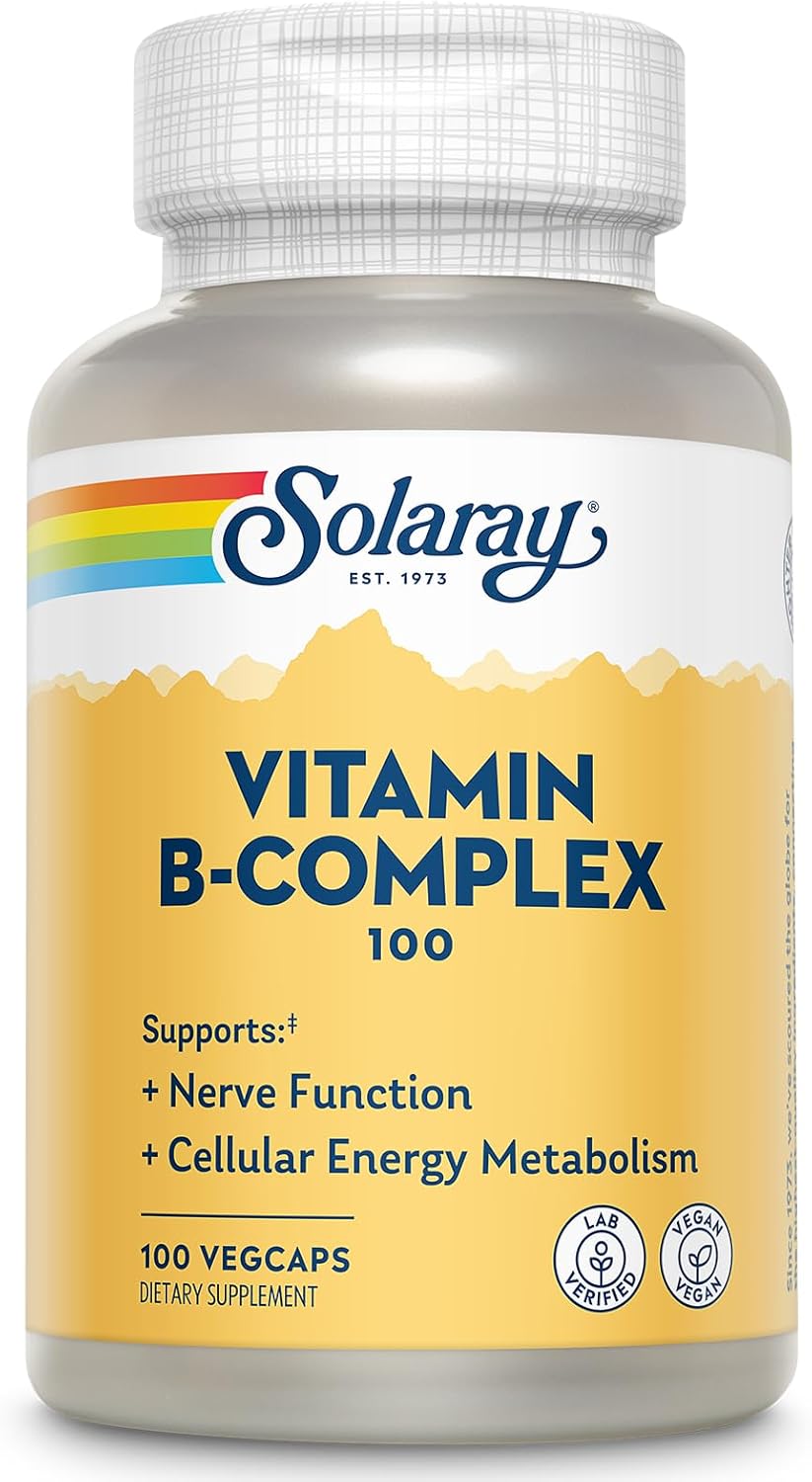 SOLARAY Vitamin B Complex 100mg - Cellular Energy, Nerve and Heart Health Support - Supplies All 8 B Complex Vitamins - Vitamin B12, B1, B2, B3, B6, Niacin, Folic Acid and Biotin - Vegan, 100 Servings SOLARAY Vitamin B Complex 100mg - Cellular Energy, Nerve and Heart Health Support - Supplies All 8 B Complex Vitamins - Vitamin B12, B1, B2, B3, B6, Niacin, Folic Acid and Biotin - Vegan, 100 Servings