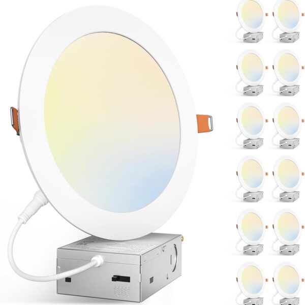 Amico 12 Pack 7 Inch 5CCT Ultra-Thin LED Canless Recessed Ceiling Light with Junction Box, 2700K/3000K/3500K/4000K/5000K Selectable, 15W=100W, 1300LM High Brightness, Dimmable Wafer Downlight, ETL&FCC