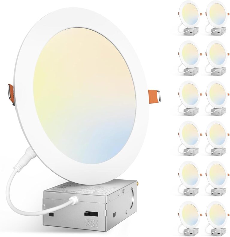 Amico 12 Pack 7 Inch 5CCT Ultra-Thin LED Canless Recessed Ceiling Light with Junction Box, 2700K/3000K/3500K/4000K/5000K Selectable, 15W=100W, 1300LM High Brightness, Dimmable Wafer Downlight, ETL&FCC
