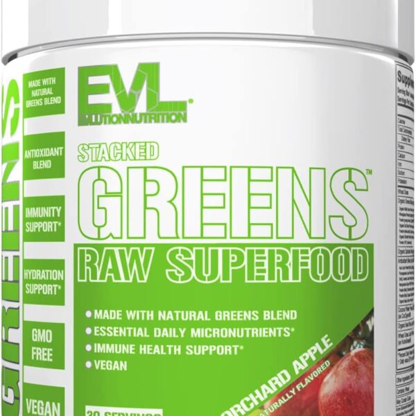 Evlution Nutrition Stacked Greens - Raw Superfood - Made with Natural Greens Blend + Essential Daily Micronutrients - Immunity + Hydration Support - Vegan & GMO-Free - 30 Servings - Orchard Apple