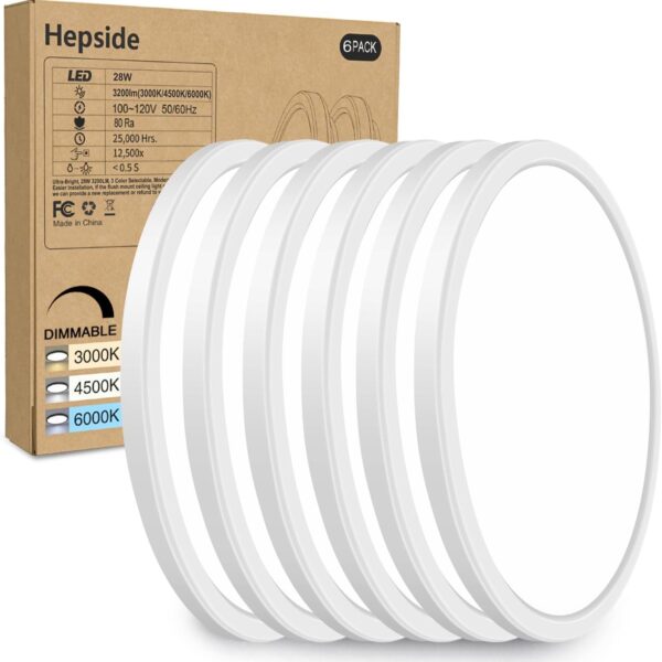 hepside 6PACK Flush Mount LED Ceiling Light Fixture White, 12Inch 28Watt, Dimmable & 3000K-4500K-6000K Ceiling Lamp 3200LM Low Profile Ceiling Light for Kitchen Bedroom Hallway Porch