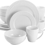 Elama Cara 16 Piece Round Porcelain Dinnerware Set in White