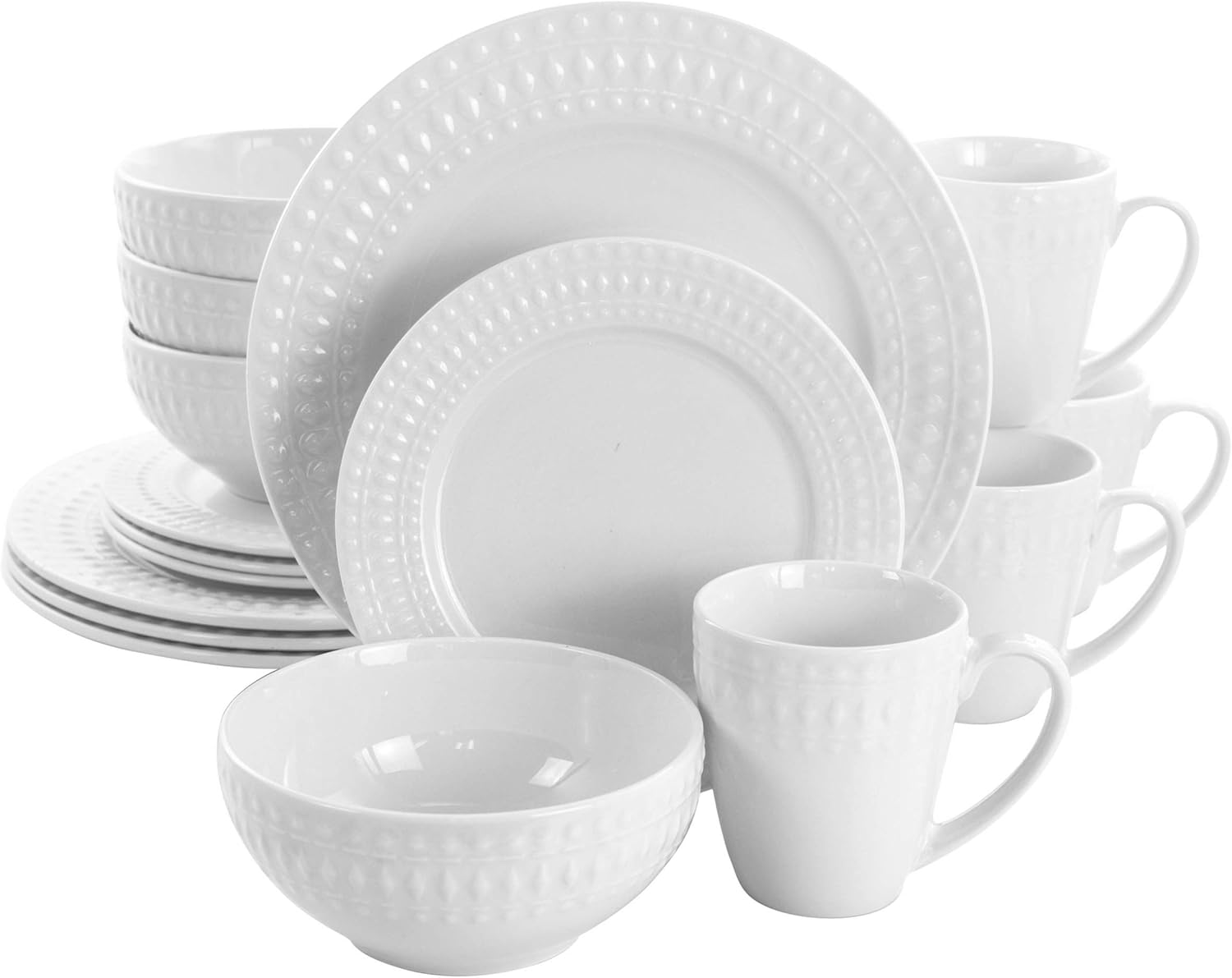 Elama Cara 16 Piece Round Porcelain Dinnerware Set in White Elama Cara 16 Piece Round Porcelain Dinnerware Set in White
