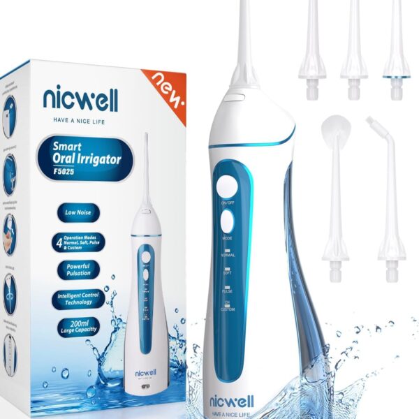 Nicwell Water Dental Flosser Pick for Teeth: 4 Modes Cordless Portable Rechargeable Oral Irrigator IPX7 Waterproof Cleaner Pik Deep Cleaning Flossing Pic Machine for Home Travel
