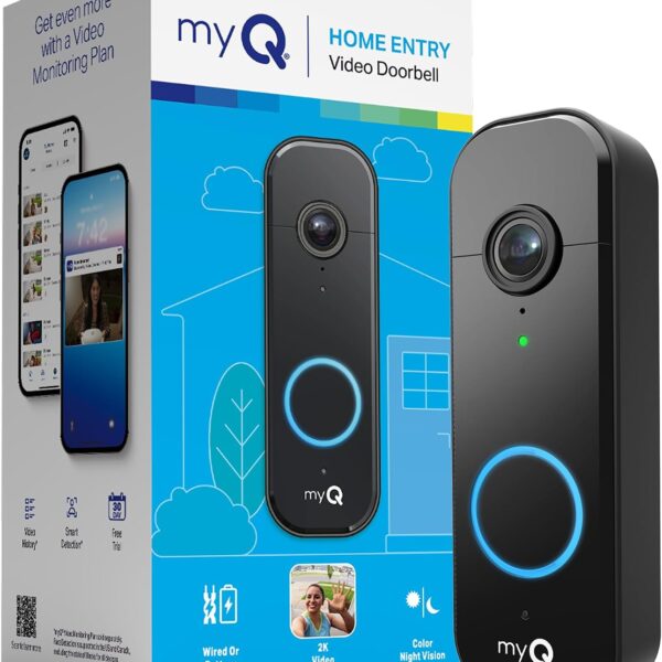 Chamberlain myQ Video Doorbell | 2K Camera, Battery/Wired, Color Night Vision, Live with 2-Way Talk, Motion Detection & Real-Time Alerts, 150 Deg Wide View, Black