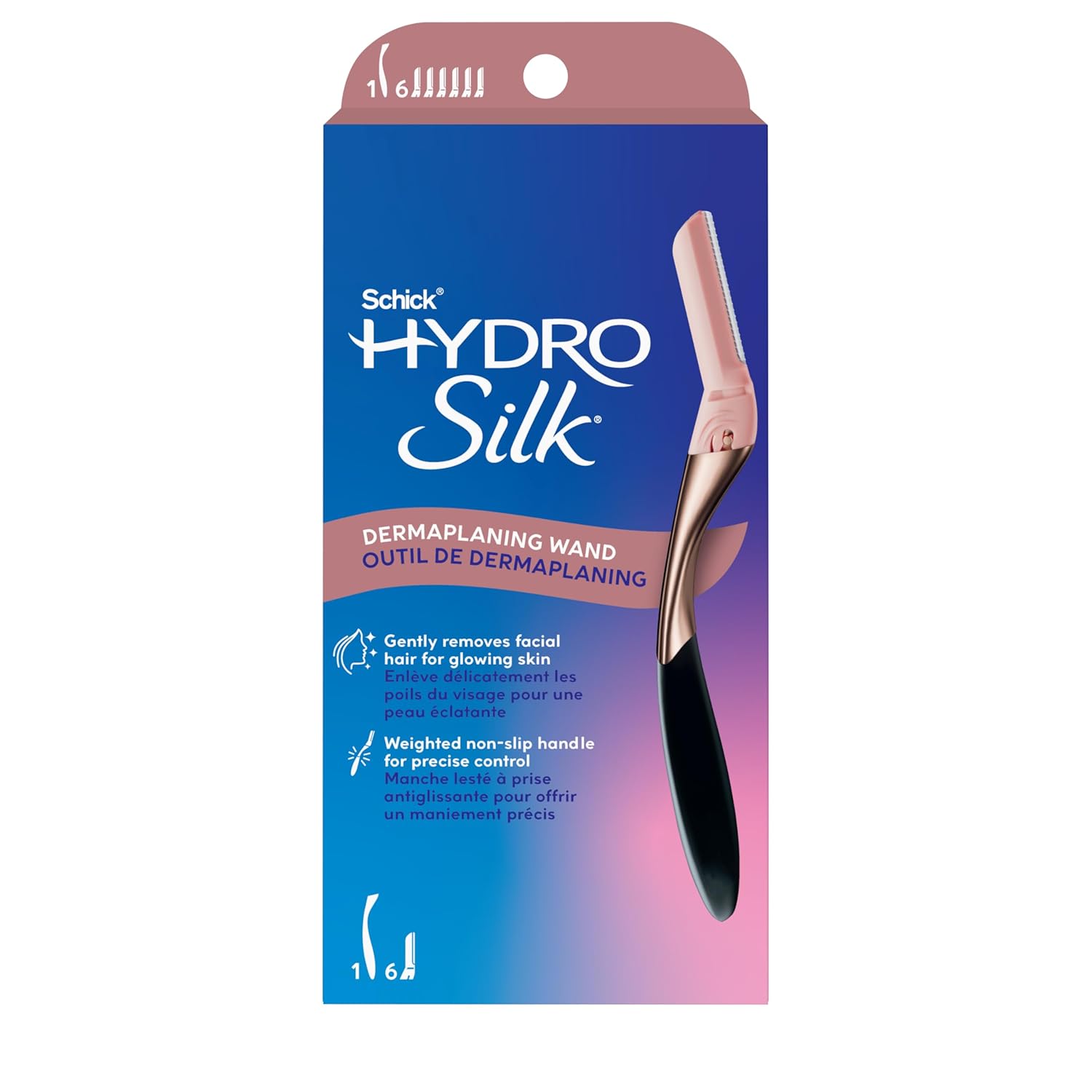 Schick Hydro Silk Dermaplaning Wand, Dermaplaning Tool for Face | Dermaplane Razor for Women Face, Eyebrow Razor, Peach Fuzz Remover, Includes 1 Weighted Metal Handle with 6 Refill Blades Schick Hydro Silk Dermaplaning Wand, Dermaplaning Tool for Face | Dermaplane Razor for Women Face, Eyebrow Razor, Peach Fuzz Remover, Includes 1 Weighted Metal Handle with 6 Refill Blades