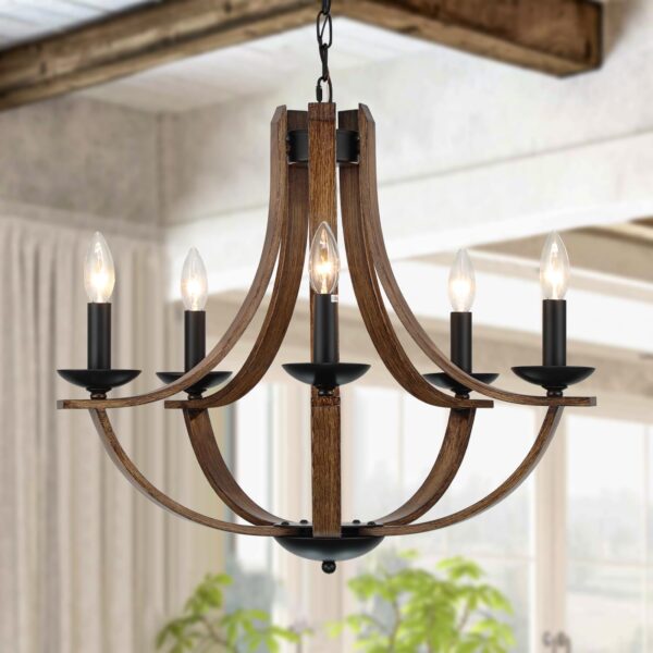 LAMPKEDUO Farmhouse Chandeliers for Dining Room Light Fixture, 5-Light 24 inch Faux Wood Texture Hanging Lighting Fixtures, Rustic Candle Chandeliers for Living Room Kitchen Island Foyer Entryway