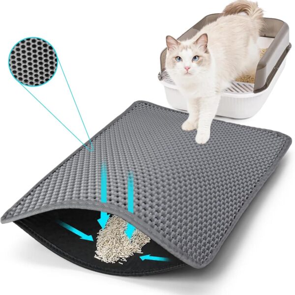 Cat Litter Mat, Kitty Litter Collector, Double Layered Honeycomb Design Waterproof, Anti Urine, Anti Slip, Easy to Clean, Limit Garbage (26"x46.5", Grey)