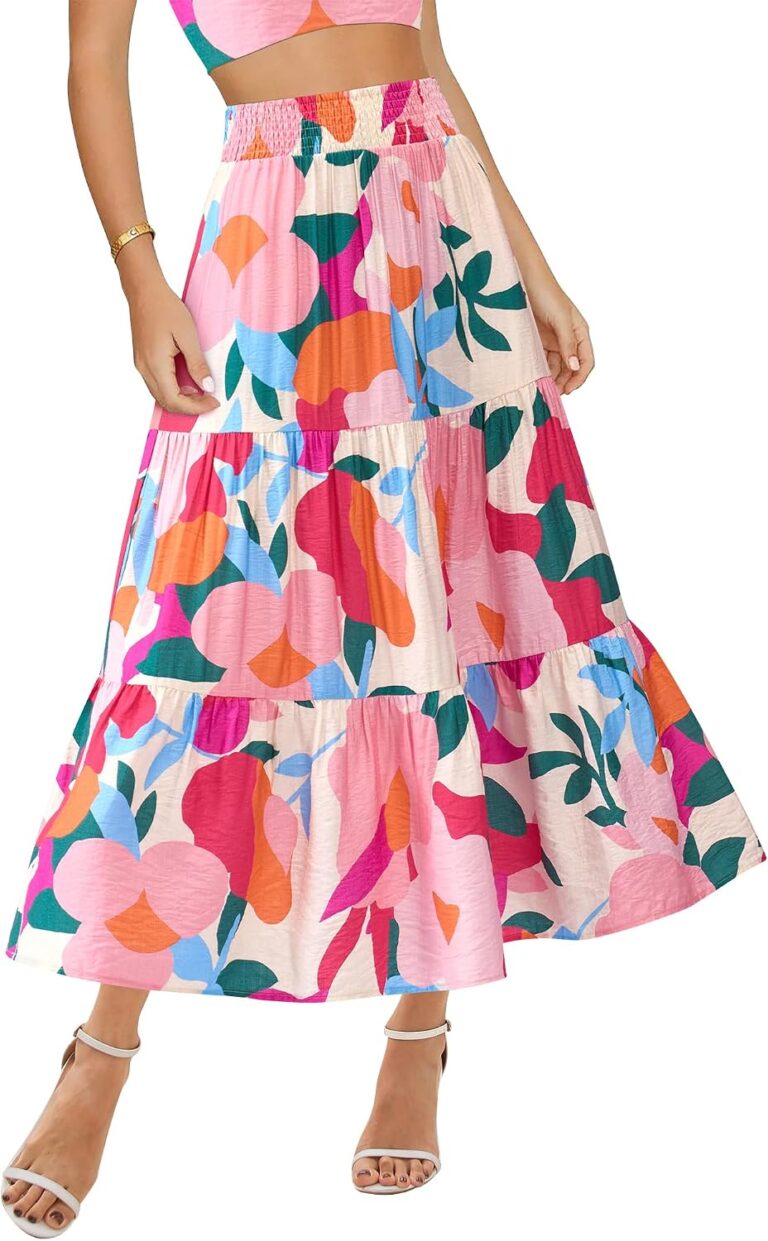 BTFBM Skirts for Women Summer 2026 Floral Print A Line Elastic High Waist Boho Maxi Skirt Spring Fashion Clothing Pocket